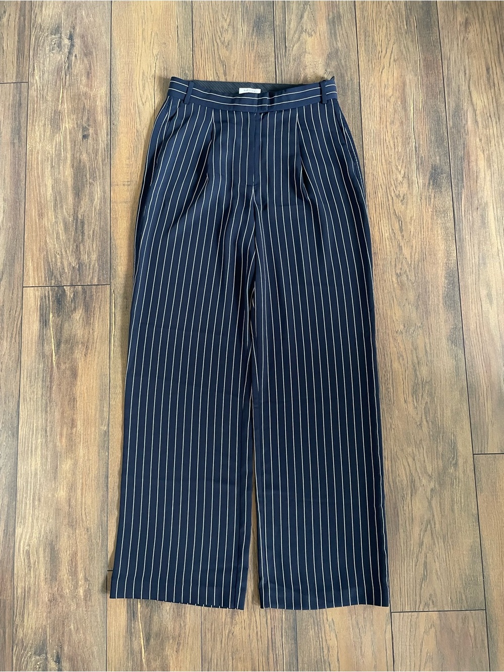 Navy Pinstripe Wide Leg Trousers